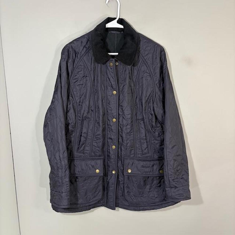 Barbour Jacket Womens 14 Blue Quilted Corduroy Collar Snap Front Mid Length